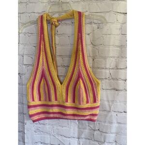 Crochet Crop Halter Top Boho Festival Shirt Top- Measures As Large Orange